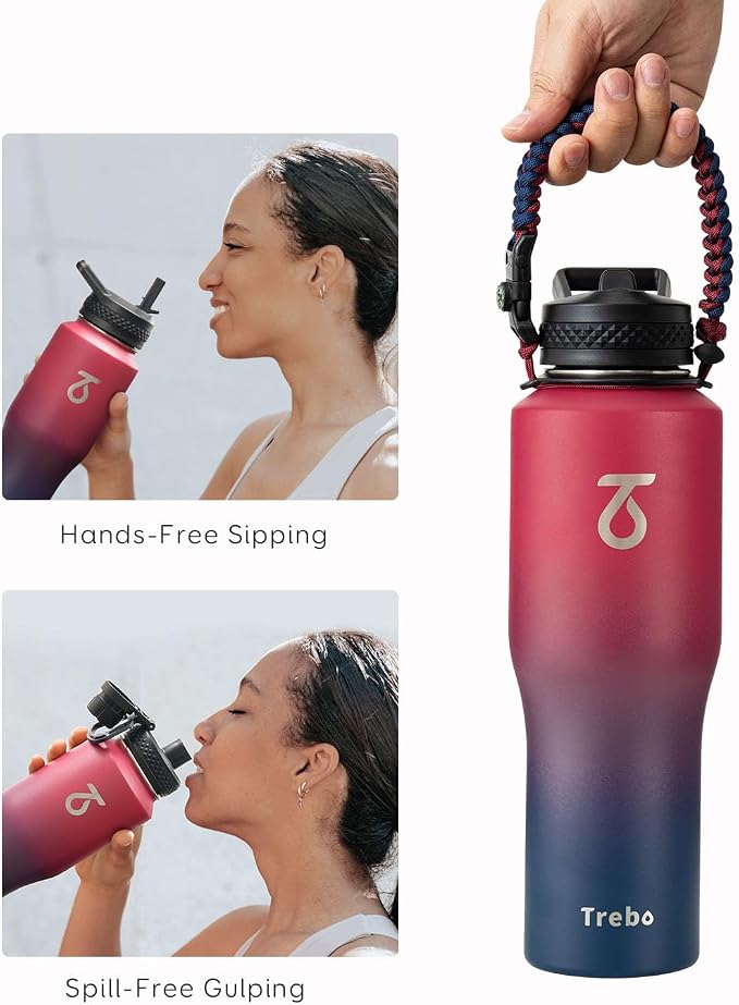 Trebo 40 oz Water Bottle Insulated Fit in Any Car Cup Holder with 2 Lids | Stainless Steel T-shape Tumbler with Paracord Handle, Triple Wall Vacuum Copper Plated, Cold 48 Hrs for Travel, Wide Mouth