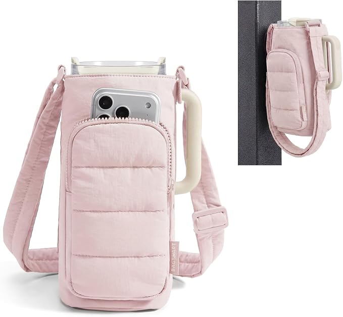 BAGSMART 40oz Water Bottle Holder with Strap, Quilted Gym Accessories | Magnetic or Classic Design, Lightweiht Tumbler Drink Carrier, Quilted Crossbody Purse