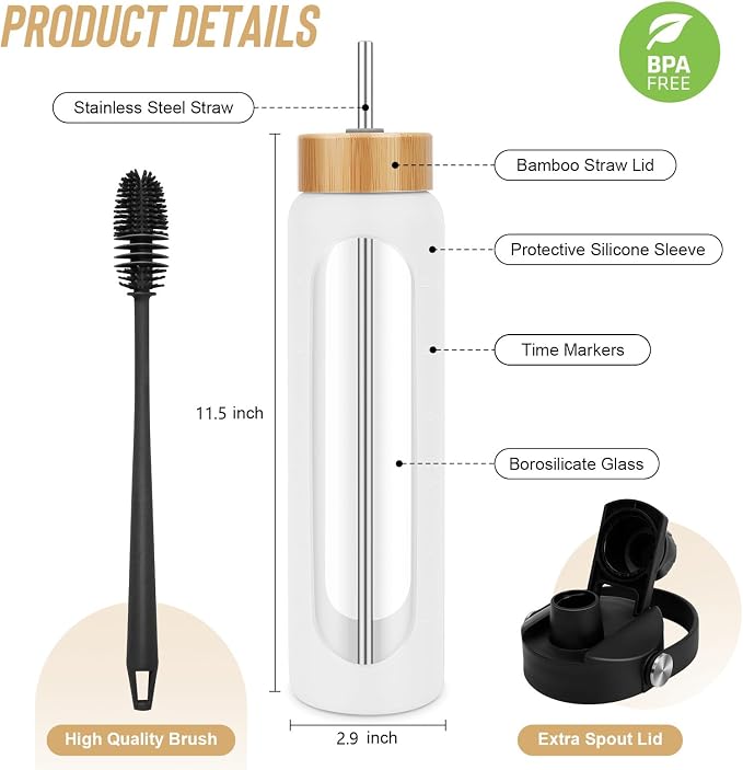 FULBEVY 25 oz Glass Water Bottles - Motivational Tumbler With Time Marker - Borosilicate Glass With Silicone Sleeve and 2 Lids, Handle Spout & Bamboo Straw Lid (White)