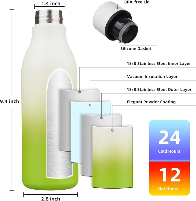 BJPKPK 18oz Insulated Water Bottle, Stainless Steel Bottle with Carry Strap | Keep Cold & Hot Vacuum Insulation, Leak-Proof BPA-Free Design, Slim Bottle Fits Most Cup Holders for Gym, Office & Travel