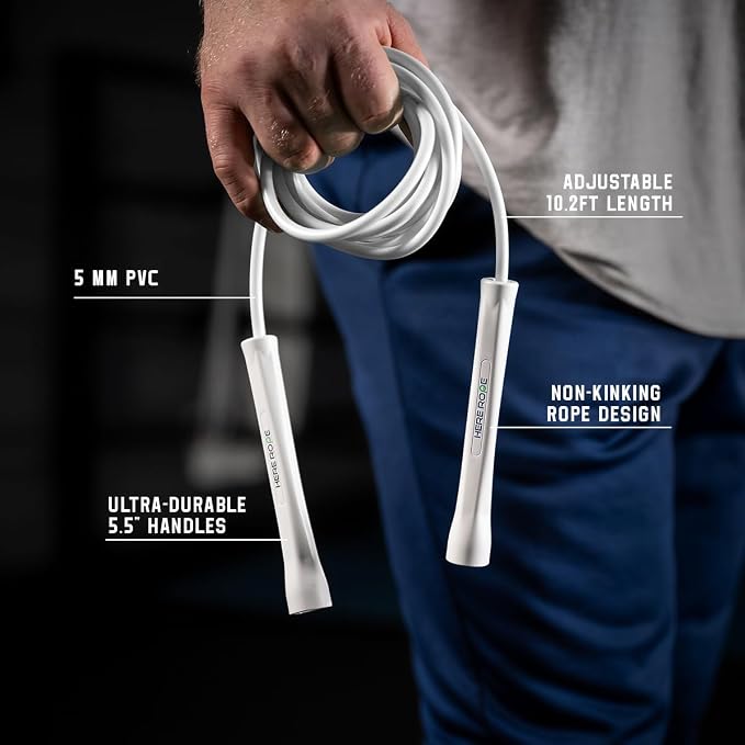 HEREROPE Adjustable Jump Rope – 5mm PVC Skipping Rope with Unbreakable Handles, Non-Kinking, Includes 1 Spare Rope for Indoor & Outdoor Fitness Training for Men, Women