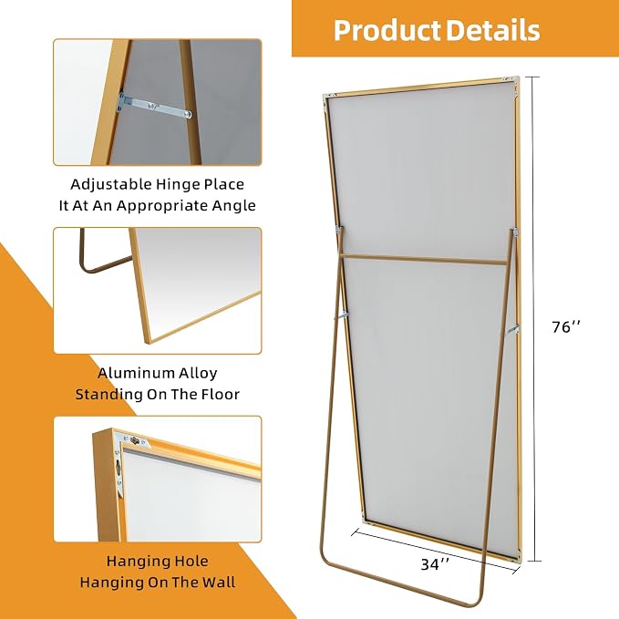 LFT HUIMEI2Y 76"x34" Full Length Mirror, Gold Floor Mirror | Tempered Oversized Mirror Full Body with Aluminum Alloy Frame; Standing, Leaning, or Wall Mount for Bedroom, Living Room