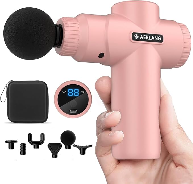 AERLANG Birthday Gifts for Women Mini Portable Massage Gun Deep Tissue Pink | Muscle Massager Handheld Percussion travel Massage Gun with 6 Heads for Back pain relief Comes with a carrying case
