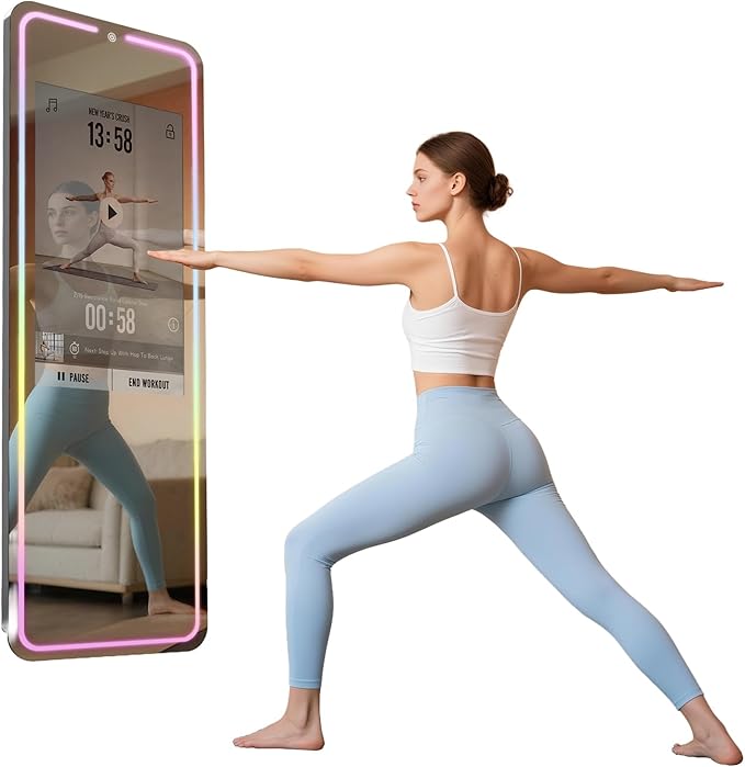 Smart Gym Mirror for Home Workout | 32" HD Touch-Screen Andriod OS | 63" Reflective Surface | No VIP Fees Support Various APPs, Music Sync LED Light Strip, for Home Gym/Yoga/Dance