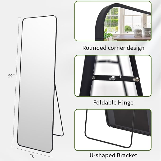 BEAUTYPEAK 59" x 16" Rounded Corner Full Length Mirror with Stand, Black | Aluminum Alloy Frame with Standing, Leaning, or Wall-Mounted, Ideal for Bedroom, Dressing Room, Entryway, and Living Room