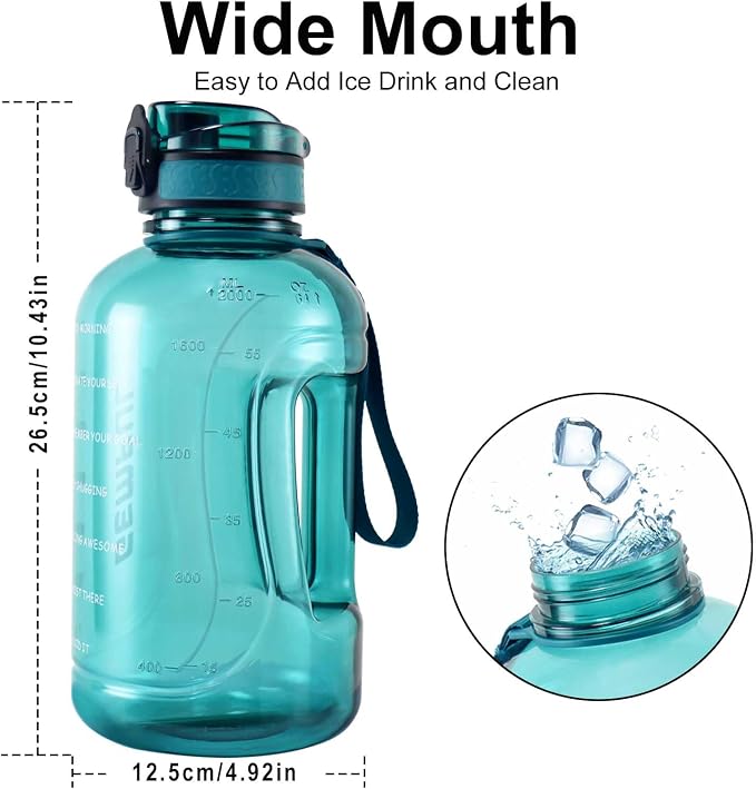 GEMFUL 64oz Motivational Water Bottle 2 Liter Sports Jug for Gym (Cyan) | BPA-Free, 64oz Capacity, Time Marker Tracks Daily Intake, Chug Lid, for Gym, Fitness, Hiking, Sport, Camping, Office, Travel