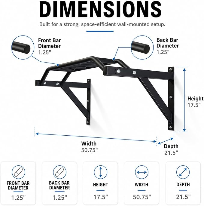 REP Fitness Heavy Duty Pull-Up Bar, Wall Mounted Multi-Grip or Bare Steel Straight Option, Home Gym Exercise Equipment for Chin Training, Garage Strength Workouts, Rings, Straps
