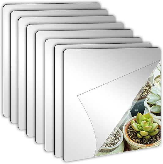 JUNEBRUSHS 8 Pack Self Adhesive Acrylic Mirror, 8 x 8 Inch Tiles,Flexible Plastic Mirror Sheets Wall Stickers,2MM Thick Frameless Small Mirror