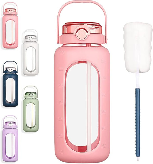 BLUEGO 64oz Glass Water Bottles with Straw Time Marker Half Gallon Large Motivational Water Bottle with Silicone Sleeve 2 Liter Large Glass Water Jug for Gym, Sports& Workout, Daily, Pink