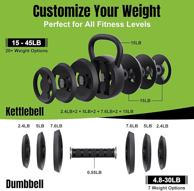 Hezeyferg 2-in-1 Adjustable Kettlebell for Home Gym Strength Training | 15-45 LB Kettlebells Weight Set, 4.8-30 LB Dumbbell Weights, with Wide Grip, for Men/Women Full Body Exercise
