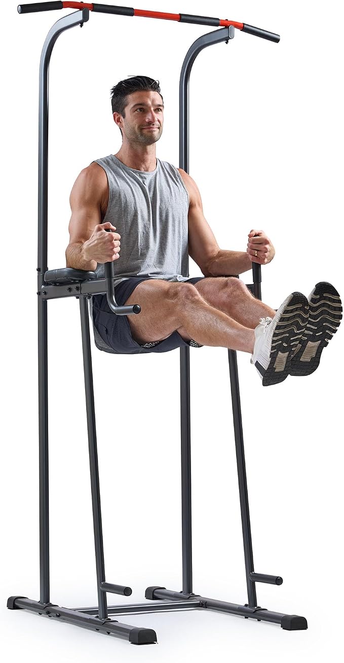Sunny Health & Fitness Power Tower and Dip Station for Home Training | Multi-Function Strength Training, Pull-Up And Dip Stations, Padded Grips, Sturdy Frames, Captain's Chair
