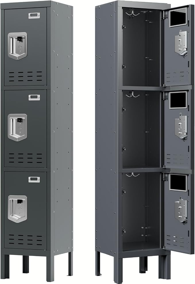 BUTISOW 3 Door Employee Metal Locker w/Card Slot for School Gym Office | Ventilated Metal Steel Locker with Mirror & Multi Hooks for Secure Storage
