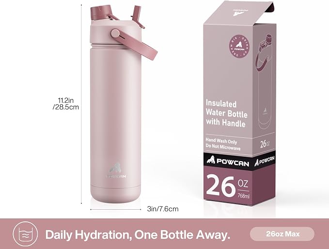 POWCAN 26 oz Insulated Water Bottle: 2-in-1 Straw and Spout Lid, Leak-proof | Keep Cold 24H, Cupholder Friendly, BPA-Free, Stainless Steel Water Bottle for Gift, Mother, Wife, Girlfriend (Sweet Rosy)