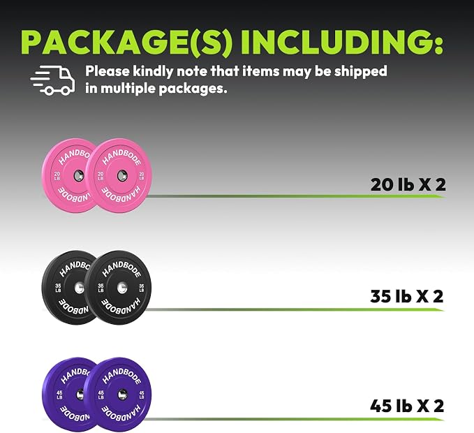HANDBODE 2-Inch Weight Plates High Bounce, Olympic Bumper Plate Set 45/100/160/190/260/300lb, Colored Weight Plates Set for Home Gym, Barbell Weights Rubber Strength Training Plate for Weight Lifting