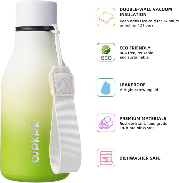 BJPKPK 12oz Insulated Water Bottle, Stainless Steel Bottle with Carry Strap | Keep Cold & Hot Vacuum Insulation, Leak-Proof BPA-Free Design, Slim Bottle Fits Most Cup Holders for Gym, Office & Travel