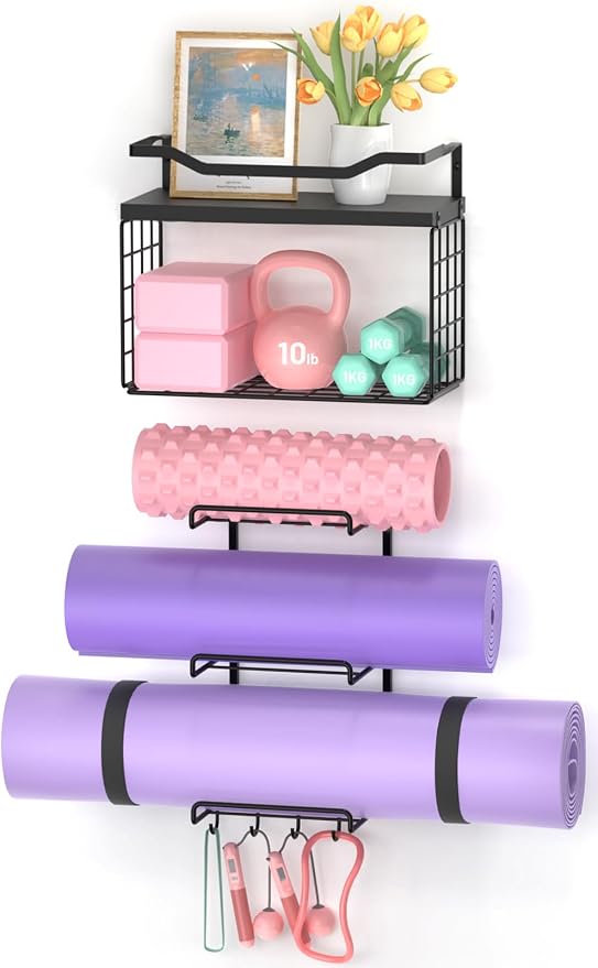 Yoga Mat Holder Black, Wall Mount Yoga Mat Storage Rack, Yoga Accessory Organizer With Wood Floating Shelves, 4 Hooks Hanging Yoga Strap & Resistance Bands, Home Gym Equipment Storage Decor