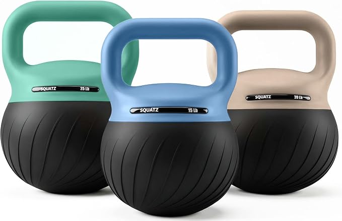 Squatz Soft Drop Kettlebell Set for Home Gym Strength Training - Cushioned Base Kettlebell Set with Wide Grip Handle, Floor-Safe Design, 15 lb, 20 lb, and 25 lb Weights for Full Body Workouts