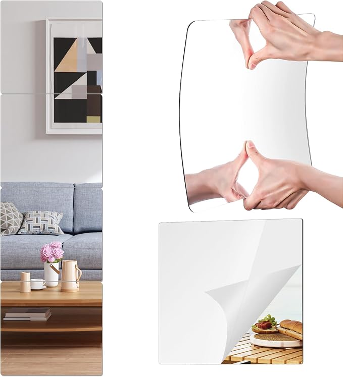 14x12 Inch Wall Mirror 4 Pack, Acrylic Self Adhesive Mirrors for Wall, Safety Stick-On Full Length Mirror Tiles