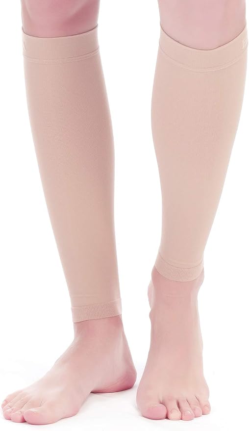 BSERA Calf Compression Sleeve Women, 2 Pairs 15-20mmHg Calf Support Footless Compression Socks Stockings for Shin Splints, Varicose Veins, Recovery (Nude/Skin, Small)