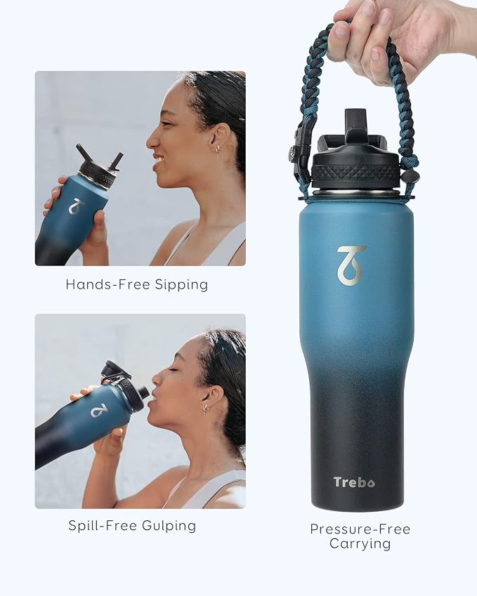 Trebo 32 oz Water Bottle Insulated Fits in Any Car Cup Holder with 2 Lids | Stainless Steel T-shape Tumbler with Paracord Handle, Triple Wall Vacuum Copper Plated, Cold 48 Hrs for Travel, Leakproof