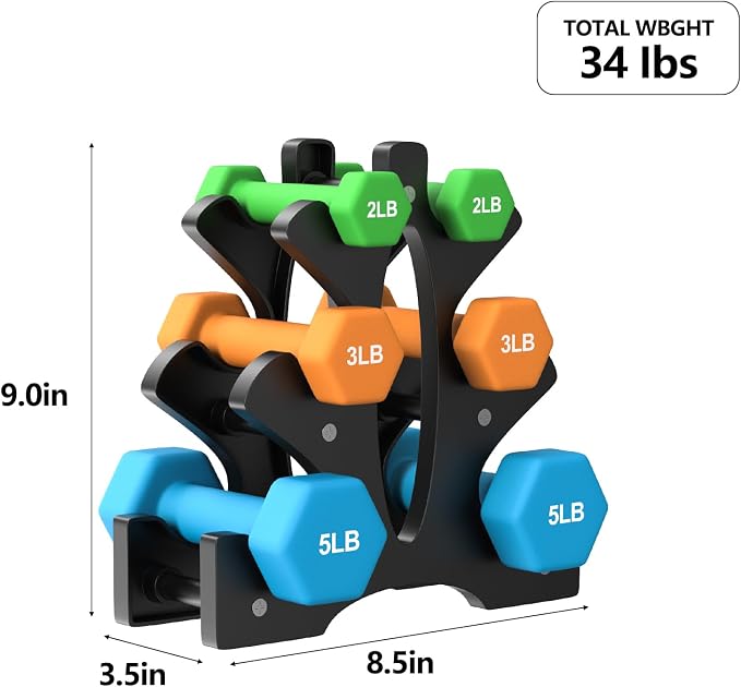 Portzon Dumbbells Neoprene with Non Slip Grip weight for Total Body Workout Compatible with of 2 Set,1-15 LB, Anti-Slip, Anti-roll, Hex Shape