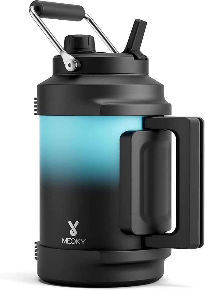 1 Gallon Insulated Water Bottle for Sports: Meoky 128 oz Triple Wall Vacuum Stainless Steel Water Jug - Top and Side Handles, Cold for 48 Hrs, 2-in-1 Straw and Spout Lid, Leak Proof for Hiking (Cyan)