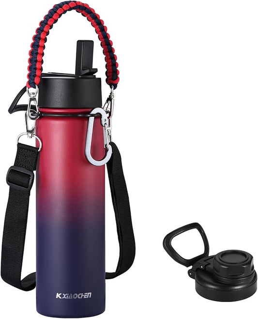KXIAOCHEN Insulated Water Bottle with Strap, 48-Hour Cold, 2 Lids | Triple-wall insulation, lead-free 18/8 Stainless steel, paracord handle, carabiner clip, for gym, hiking, camping and travel