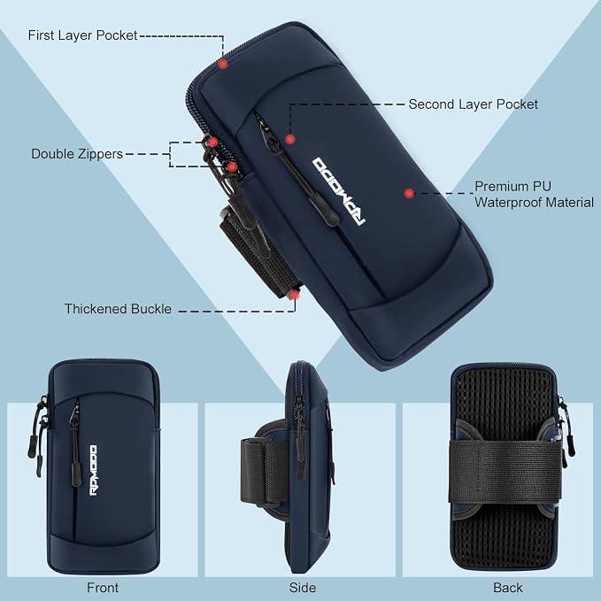Phone Holder for Running Lightweight Armband for Men Women 7.5" Blue | 2 Pockets & Adjustable Elastic, Cell Phone Holder for iPhone Samsung Galaxy, Arm Band for Phone for Running Walking Jogging