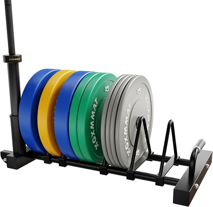 GXMMAT Horizontal Olympic Weight Plate Rack | 330lbs Capacity Powder-Coated Steel Frame | 4 Plate Storage Slots + 2 Barbell Holders | Adjustable Slot Spacing | Includes Wheels & Non-Slip Handles