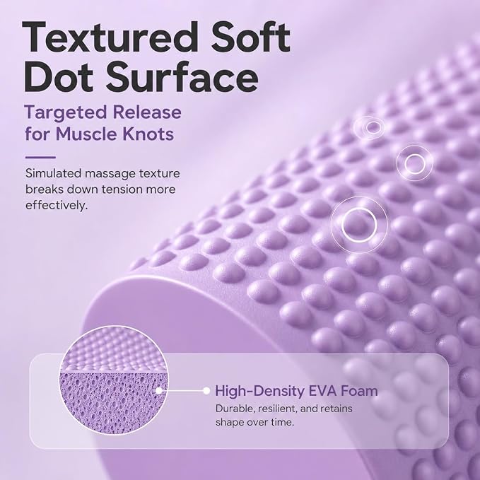 12 Inch EVA Soft Dot Foam Roller for Balance Exercise & Yoga，Purple：12in | High-Density Foam Massage Roller for Back Legs Muscle Massage, Rehab Stiff Back