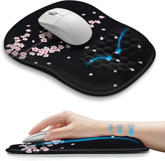 Hokafenle Ergonomic Wrist-hugging Mouse Pad Wrist Support, U-shaped Holding Wrist Rest Mousepad for Carpal Tunnel Pain Relief with Cushioned Memory Foam Slope Massage Bulge (10.2x8.3 in,CherryBlossom)