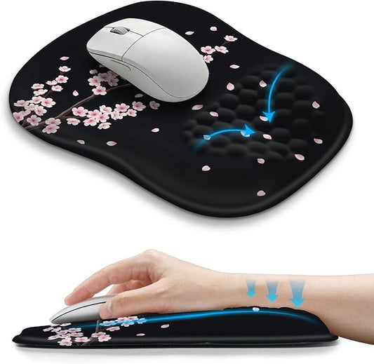 Hokafenle Ergonomic Wrist-hugging Mouse Pad Wrist Support, U-shaped Holding Wrist Rest Mousepad for Carpal Tunnel Pain Relief with Cushioned Memory Foam Slope Massage Bulge (10.2x8.3 in,CherryBlossom)