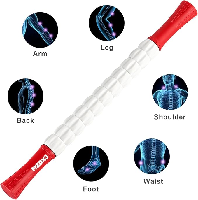 Muscle Roller Massage Roller Stick- Deep Tissue Fascia Blaster for Myofascial Pain Relief, Lymphatic Drainage & Body Sculpting, Handheld Physical Therapy & Recovery Tool (Red White inch)