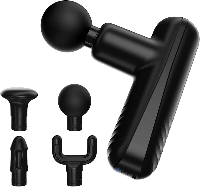 Mini Massage Gun, Powerful Yet Small Quiet Percussion Muscle Massager | Best Balance of Power and Size, Handheld but not Palm-size with Brushless Motor, 4 Interchangeable Heads, Type-C Rechargeable