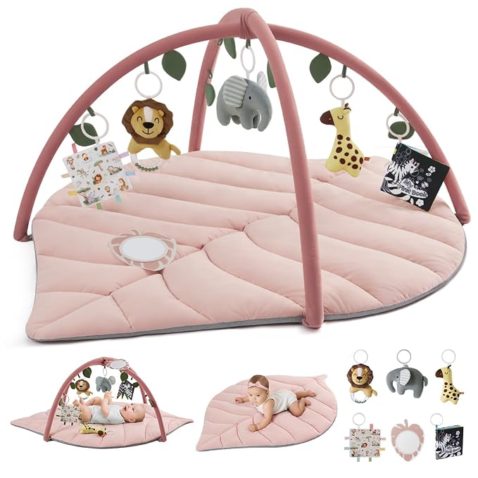 Blissful Diary Baby Play Gym & Activity Mat, Oversize Leaf Shaped Tummy Time Baby Play Mat w 6 Detachable Toys Promotes Motor Skills & Sensory Development, Newborn Infant Essentials Gift, Crystal Pink