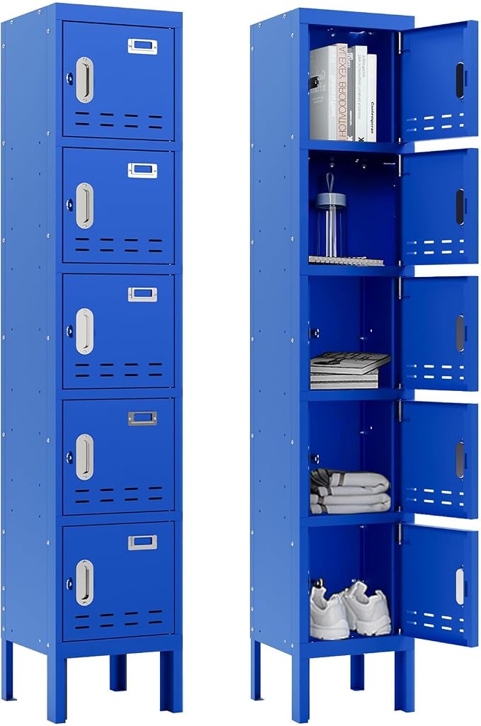 BUTISOW Metal Storage Locker with Lock & Card Slot Locker - Secure Lockable Door - Steel Locker for School, Office, Gym, Home - 66.15" H x 11.8" W x 11.8" D（5 Door, Blue）