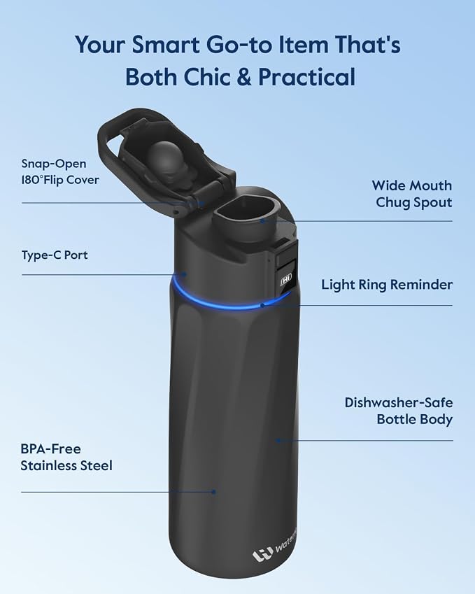 WaterH BOOST Smart Water Bottle Tracker with Reminder to Drink Water, 24oz | BPA-Free Double Wall Vacuum Insulated Stainless Steel, Leakproof, Smart App Tracking, Fits Cup Holders, Wide Mouth for School