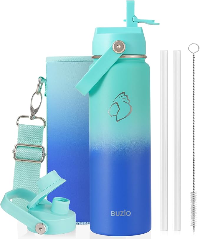 BUZIO 24 oz Insulated Stainless Steel Water Bottle with Straw & Spout Lids | Triple Wall Insulated Tumbler (Dishwasher Safe) ,Cold for 48 Hrs, Wide Mouth, Leakproof, BPA-Free, for Sports, Gym, School