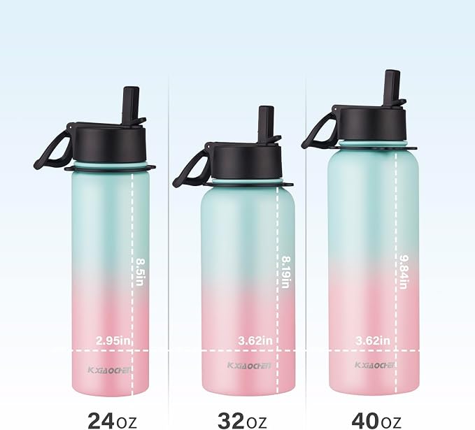 KXIAOCHEN Insulated Water Bottle with Strap, 48-Hour Cold, 2 Lids | Triple-wall insulation, lead-free 18/8 Stainless steel, paracord handle, carabiner clip, for gym, hiking, camping and travel