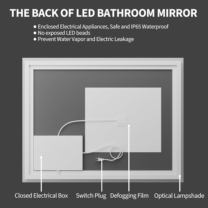 Koonmi 48x28 LED Bathroom Mirror with Light, Anti-Fog, 3 Colors | Backlit + Front Lit, Dimmable Brightness, Shatterproof HD Distortion-Free Tempered Glass, Hardware Included