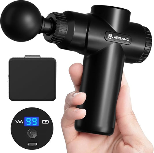 AERLANG Mini Massage Gun Portable Deep Tissue Percussion Muscle Massager | Handheld travel Massage Gun with 6 Heads 10 Speeds for Back Shoulder Leg pain relief Comes with a Carrying Case LED Display