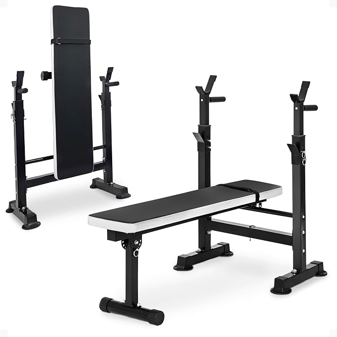 BalanceFrom Steel Weight Bench w/ Squat Rack in Multiple Colors, 400 lb User Capacity - Foldable Home Gym Equipment for Range of Workouts w/ 6-Position Barbell Holder & Adjustable Seat and Recliner