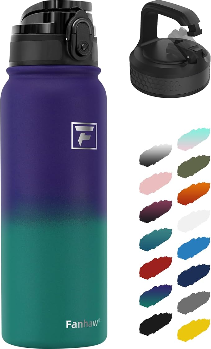 Fanhaw 20 oz Insulated Stainless Steel Water Bottle with Anti-Dust Chug Lid & Carabiner Lid, Leakproof Vacuum Metal Bottle for Kids, Teens & Adults, Back to School Essentials (Purple Green)