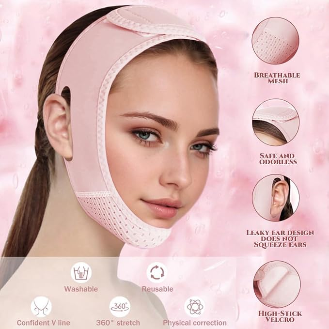 ROWMATE V Line Lifting Mask Chin strap for sleeping, V Line Lifting Mask for Women,Jaw Exerciser，Medium,LightPink