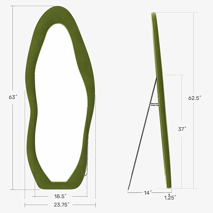 Full Length Mirror, 63"x24" Flannel Full Body Mirrors | Velvet Floor Mirrors with Stand, Irregular Wavy Mirror Hanging or Leaning Against Wall for Bedroom Living Room, Green