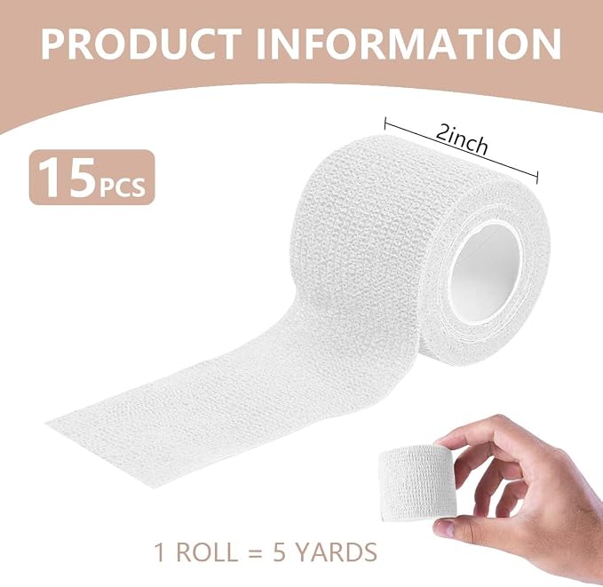 KISEER 15 Pack 2 Inch x 5 Yards White Self Adhesive Bandage Breathable Cohesive Bandage Wrap Rolls Elastic Self-Adherent Tape for Stretch Athletic, Sports, Wrist, Ankle
