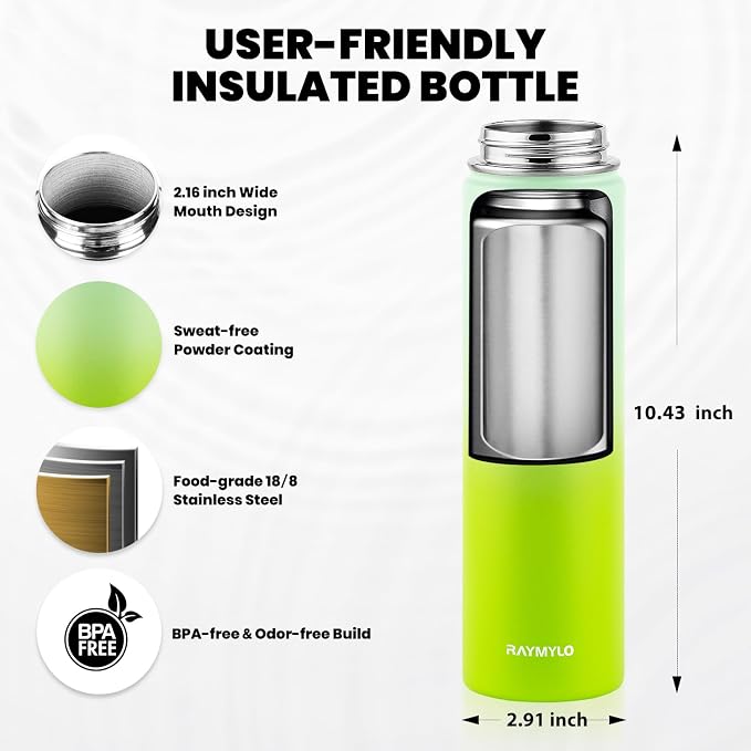 RAYMYLO Insulated Water Bottle 24 oz, Triple Wall Vacuum Stainless Steel | (Cold for 24Hrs, Hot for 12Hrs), Leak Proof & Non-BPA, Modern Water Flask Jug with Paracord Handle & Straw Spout Lids