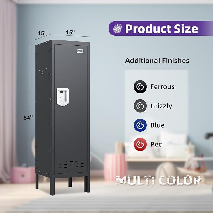 BUTISOW Metal Storage Locker with Lock & Card Slot Locker - Secure Lockable Door - Steel Locker for School, Office, Gym, Home - 54" H x 15" W x 15" D（1 Door, Black）