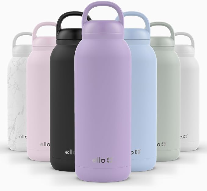 Ello Cooper Twist 40oz Insulated Stainless Steel Chug Water Bottle, Lilac | Leakproof water bottle with chug lid and carry loop. BPA-free, keeps drinks cold 40 hours, great for gym, travel, and school.