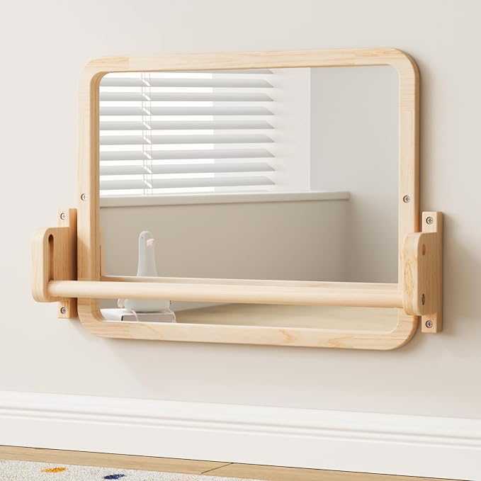 Woodtoe Montessori Mirror with Bar, Adjustable Baby Pull to Stand Toys 6M+ | Natural Solid Wood Frame & Baby Pull Up Bar, Infant Coordination Toddler Mirror, Developmental Toys for Baby 6-18 Months